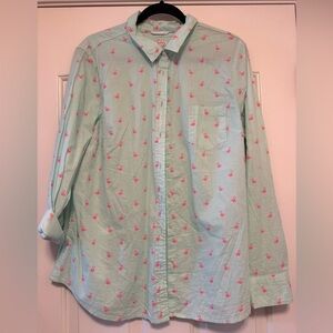 Women’s Merona Mint Green Flamingo Print Button Down Shirt, Size XL,  NWT